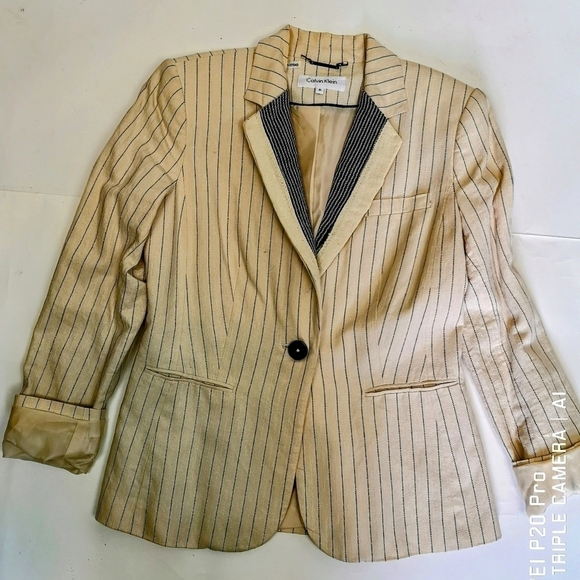 90s Vintage Calvin Klein pinstripe distressed Upcycled Linen-like blazer jacket - Picture 10 of 13